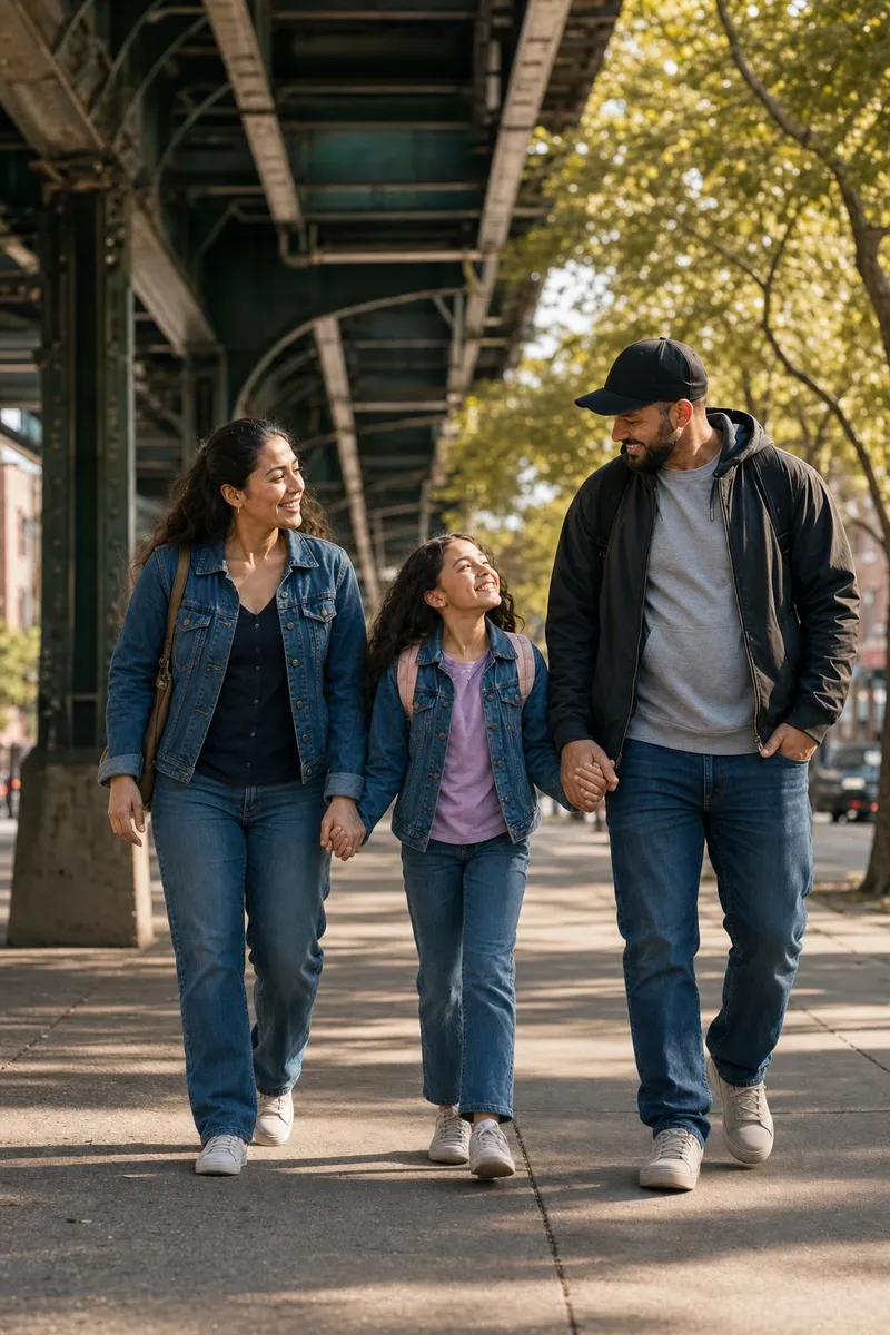 A mother and father walking hand in hand with their daughter under an elevated subway line in Queens.