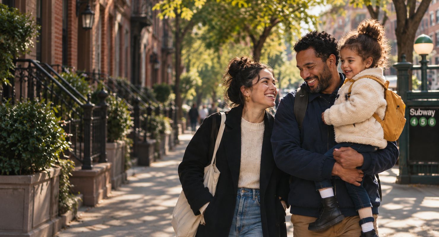 A mother and father carrying their young daughter down a tree-lined street in Queens, a subway entrance behind them.