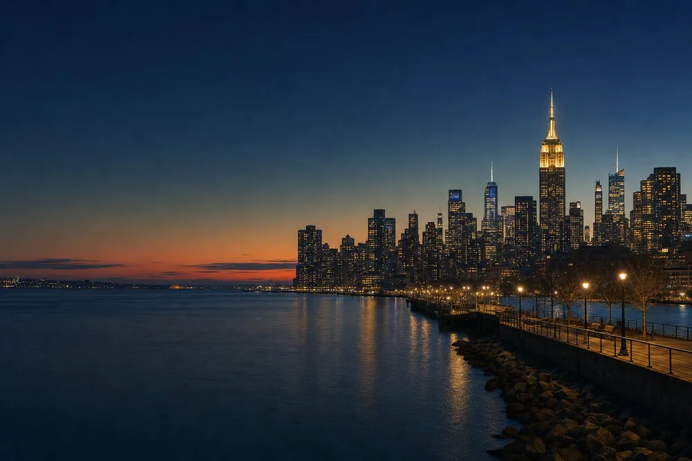 Midtown Manhattan at night seen across the East River.