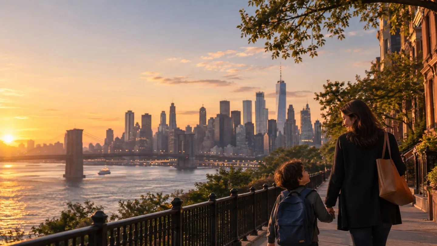 A mother and her son walking hand in hand along the waterfront at sunset, the Brooklyn Bridge and the Manhattan skyline behind them.