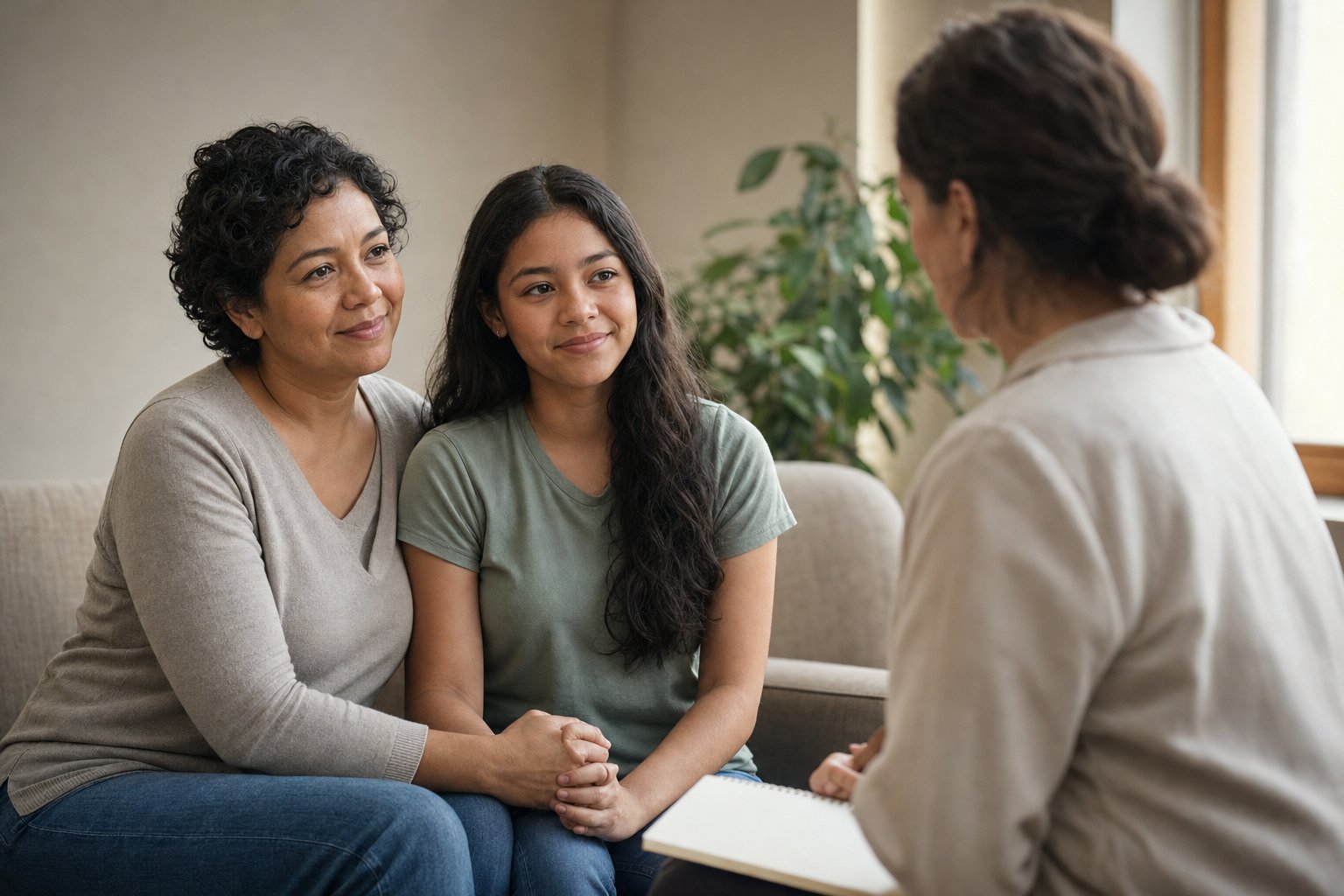 A mother and her teenage daughter holding hands on a sofa as they talk with a professional.