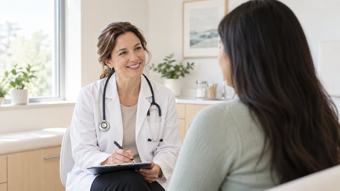 A clinician in a white coat talking with a patient.