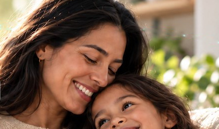 A mother and her daughter on a sofa in a sunlit living room.