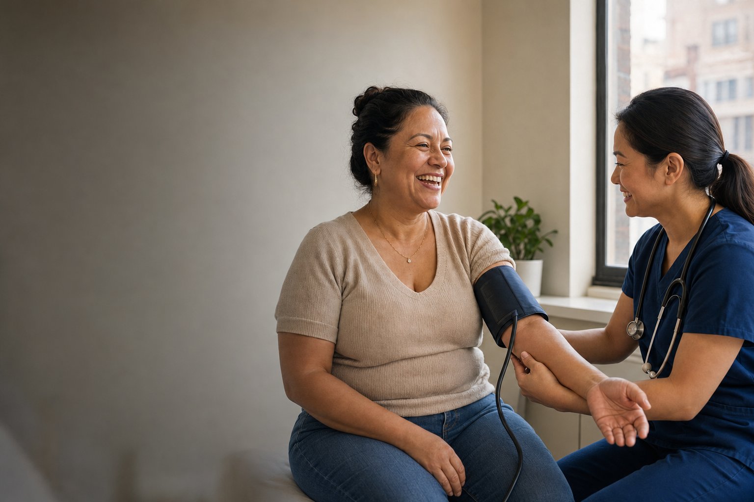 A woman laughing with a nurse while she checks her blood pressure in a bright clinic room.